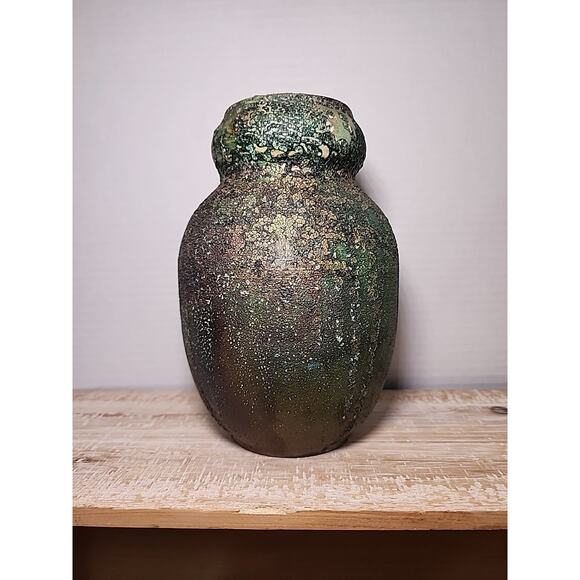 Janka Raku Pottery Vase Vessel Green Rust Orange 7" Handmade Wheel Thrown - Picture 3 of 9